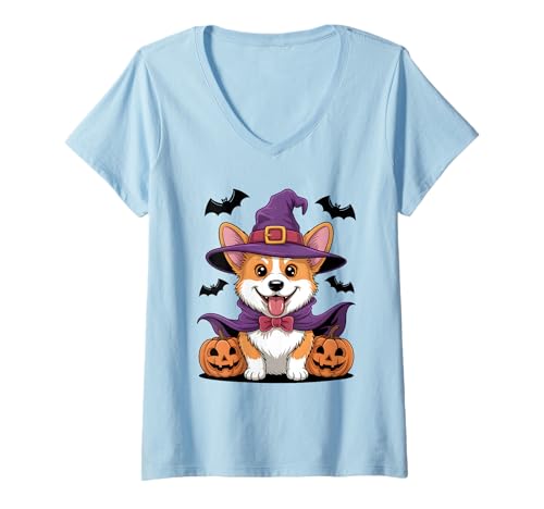 Damen Halloween Kostüm Corgi Geschenke Outfit Damen Herren Kinder T-Shirt mit V-Ausschnitt Damen Halloween Kostüm Corgi Geschenke Outfit Damen Herren Kinder T-Shirt mit V-Ausschnitt von Lustige Halloween Kostüme Shirts