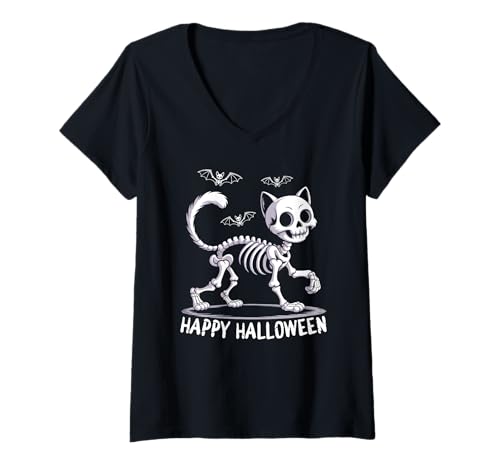 Damen Halloween Kostüm Skelett Katze Party Outfit Halloween Katzen T-Shirt mit V-Ausschnitt Damen Halloween Kostüm Skelett Katze Party Outfit Halloween Katzen T-Shirt mit V-Ausschnitt von Lustige Halloween Kostüme Shirts