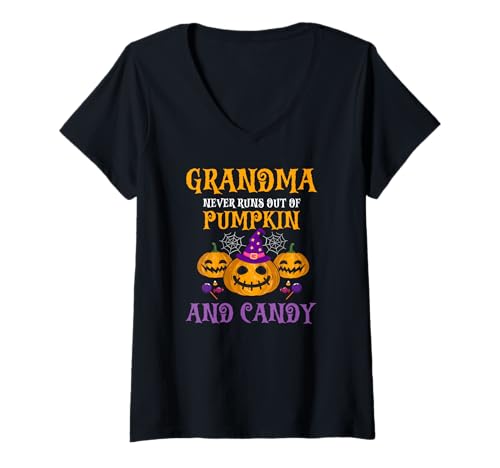 Damen Kürbis Süßes Halloween Humor Mit Spinnen Spaß T-Shirt mit V-Ausschnitt von Lustige Halloween Kürbisse und Süßigkeiten