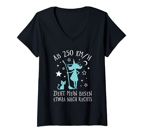 Damen Ab 250 KM/H Zieht Mein Besen Lustiges Hexen Katzen Spruch T-Shirt mit V-Ausschnitt Damen Ab 250 KM/H Zieht Mein Besen Lustiges Hexen Katzen Spruch T-Shirt mit V-Ausschnitt von Lustige Halloween Magie Hexen Spruch Geschenke