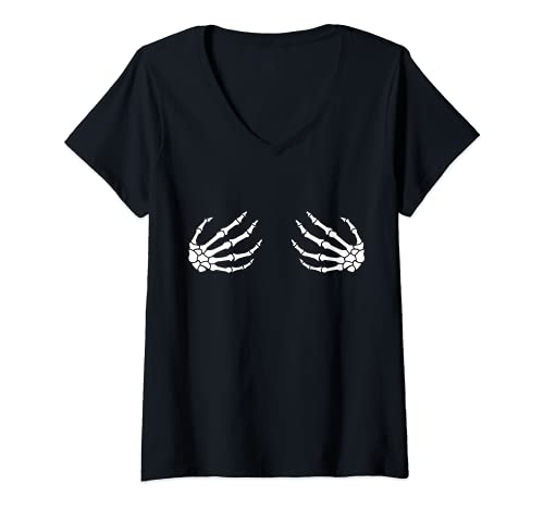 Damen Halloween Brüste Skelett Hände T-Shirt mit V-Ausschnitt Damen Halloween Brüste Skelett Hände T-Shirt mit V-Ausschnitt von Lustige Halloween Skelett Entwürfe