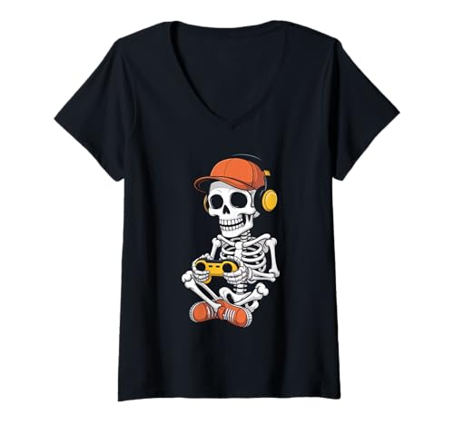Damen Halloween -Party -Skelette gruselig T-Shirt mit V-Ausschnitt Damen Halloween -Party -Skelette gruselig T-Shirt mit V-Ausschnitt von Lustige Halloween -Skelette