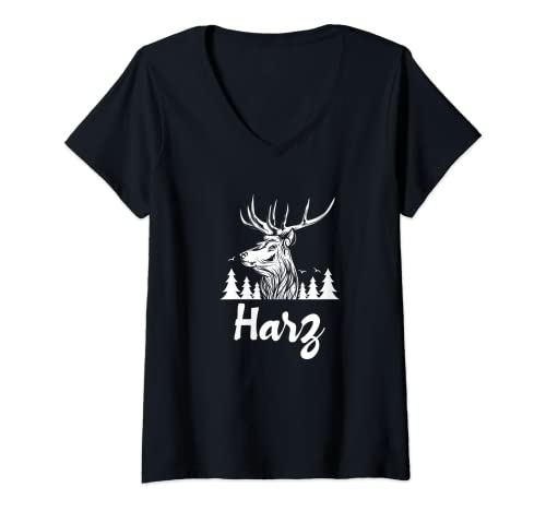 Damen Harz Deutschland Heimat Urlaub Wandern Wald Hirsch Bunt Harz T-Shirt mit V-Ausschnitt von Lustige Harz Geschenke Harz Souvenir Wanderung