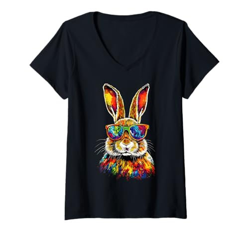 Damen Hase mit Sonnenbrille Kaninchen Feldhase Bunny Süße Hasen T-Shirt mit V-Ausschnitt Damen Hase mit Sonnenbrille Kaninchen Feldhase Bunny Süße Hasen T-Shirt mit V-Ausschnitt von Lustige Hasen für alle Kaninchen Liebhaber