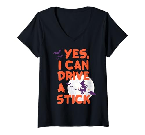 Damen Yes I Can Drive A Stick Lustige Hexe Halloween Spruch T-Shirt mit V-Ausschnitt Damen Yes I Can Drive A Stick Lustige Hexe Halloween Spruch T-Shirt mit V-Ausschnitt von Lustige Hexe Geschenke & Halloween Humor Kleidung