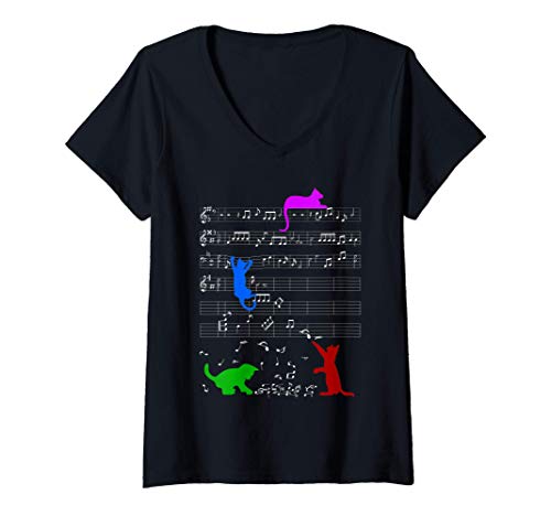 Damen Niedliche Kätzchen Katzen Musiknoten Musiker T-Shirt mit V-Ausschnitt von Lustige Ironische Sprüche und Geschenke