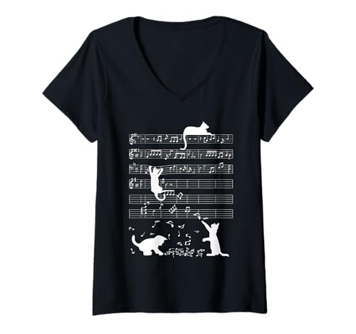 Damen Niedliche Katze Kätzchen Musiknote Notenschlüssel Musiker T-Shirt mit V-Ausschnitt von Lustige Ironische Sprüche und Geschenke