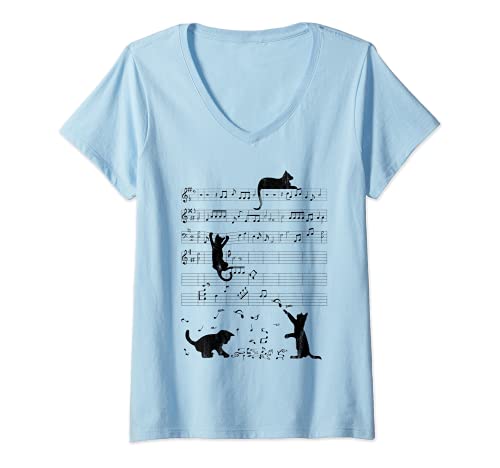 Damen Niedliche Katze Musiknote Vintage Noten Musiker T-Shirt mit V-Ausschnitt Damen Niedliche Katze Musiknote Vintage Noten Musiker T-Shirt mit V-Ausschnitt von Lustige Ironische Sprüche und Geschenke