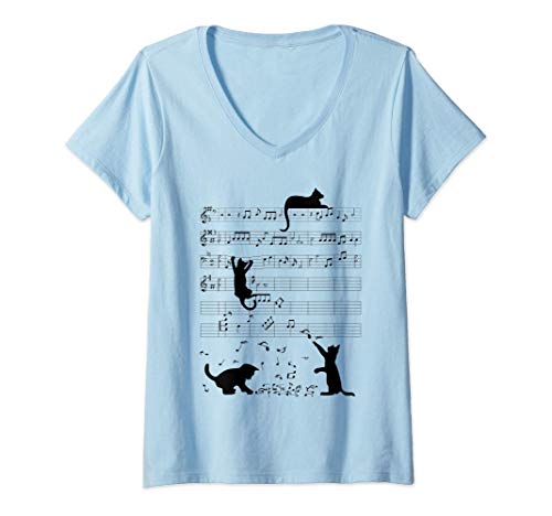 Damen Niedliche Katzen Kätzchen Musiknote Notenschlüssel Musiker T-Shirt mit V-Ausschnitt Damen Niedliche Katzen Kätzchen Musiknote Notenschlüssel Musiker T-Shirt mit V-Ausschnitt von Lustige Ironische Katzen Sprüche