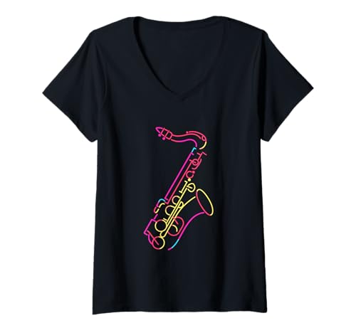 Damen Saxophon Line Art Musiker Altsaxophon T-Shirt mit V-Ausschnitt von Lustige Jazz Musik Shirts und Geschenkideen