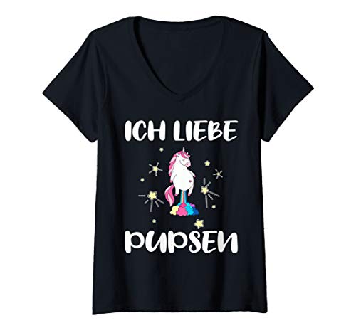 Damen Ich liebe Pupsen I love Pupsen Pupsendes einhorn T-Shirt mit V-Ausschnitt Damen Ich liebe Pupsen I love Pupsen Pupsendes einhorn T-Shirt mit V-Ausschnitt von Lustige Kack designs