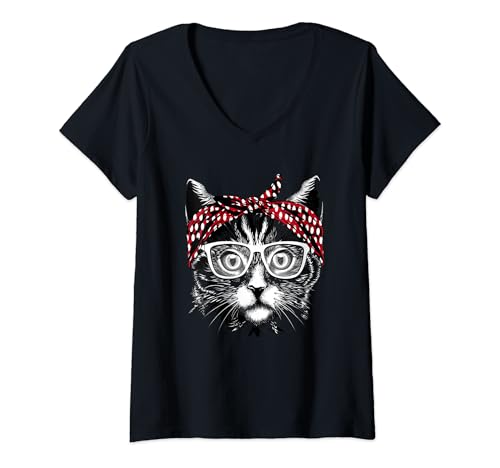 Damen Süße Katze mit Kopftuch und Brille Männer Frauen Kinder T-Shirt mit V-Ausschnitt Damen Süße Katze mit Kopftuch und Brille Männer Frauen Kinder T-Shirt mit V-Ausschnitt von Lustige Kätzchen- und Haustier Geschenke