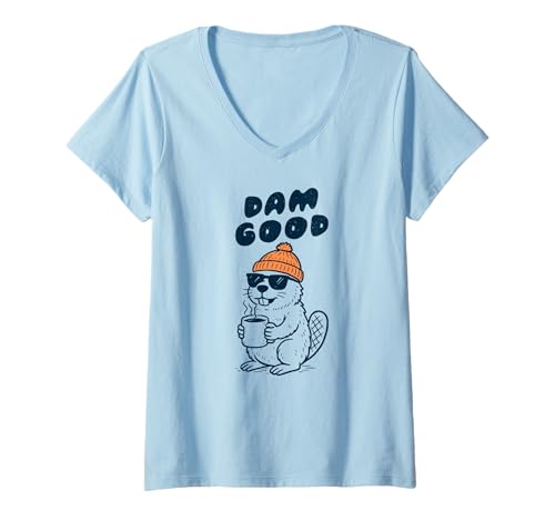 Damen Dam Good Lustiger Kaffee Bieber T-Shirt mit V-Ausschnitt von Lustige Kaffee Tiere & Co.