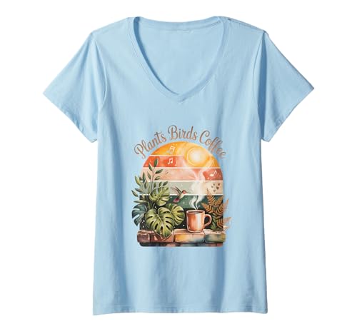 Damen Pflanzen Vögel Kaffee T-Shirt mit V-Ausschnitt Damen Pflanzen Vögel Kaffee T-Shirt mit V-Ausschnitt von Lustige Kaffeekleidung