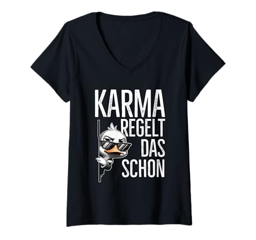 Damen Karma Regelt Das Schon Coole Ente Schicksal Statement Spruch T-Shirt mit V-Ausschnitt Damen Karma Regelt Das Schon Coole Ente Schicksal Statement Spruch T-Shirt mit V-Ausschnitt von Lustige Karma Sprüche Kleidung