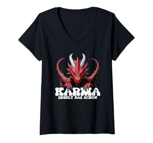 Damen Karma Regelt Das Schon Drache Schicksal Statement T-Shirt mit V-Ausschnitt Damen Karma Regelt Das Schon Drache Schicksal Statement T-Shirt mit V-Ausschnitt von Lustige Karma Sprüche Kleidung