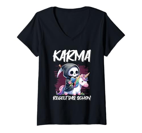 Damen Karma Regelt Das Schon Einhorn Schicksal Spruch Statement T-Shirt mit V-Ausschnitt Damen Karma Regelt Das Schon Einhorn Schicksal Spruch Statement T-Shirt mit V-Ausschnitt von Lustige Karma Sprüche Kleidung
