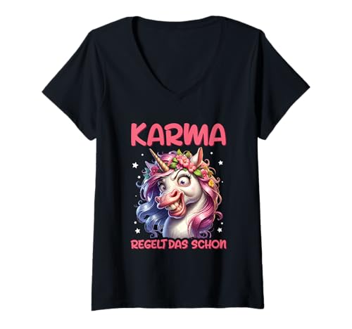 Damen Karma Regelt Das Schon Einhorn Spruch Statement T-Shirt mit V-Ausschnitt Damen Karma Regelt Das Schon Einhorn Spruch Statement T-Shirt mit V-Ausschnitt von Lustige Karma Sprüche Kleidung