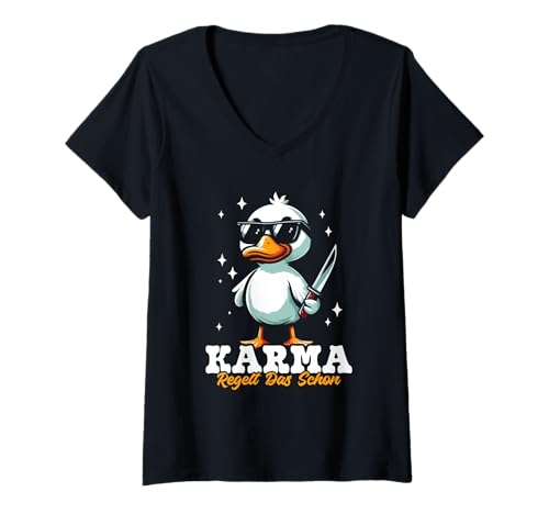 Damen Karma Regelt Das Schon Ente Cool Schicksal Spruch Statement T-Shirt mit V-Ausschnitt Damen Karma Regelt Das Schon Ente Cool Schicksal Spruch Statement T-Shirt mit V-Ausschnitt von Lustige Karma Sprüche Kleidung