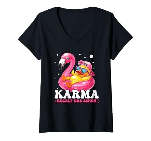 Damen Karma Regelt Das Schon Ente Flamingo Spruch Statement T-Shirt mit V-Ausschnitt Damen Karma Regelt Das Schon Ente Flamingo Spruch Statement T-Shirt mit V-Ausschnitt von Lustige Karma Sprüche Kleidung