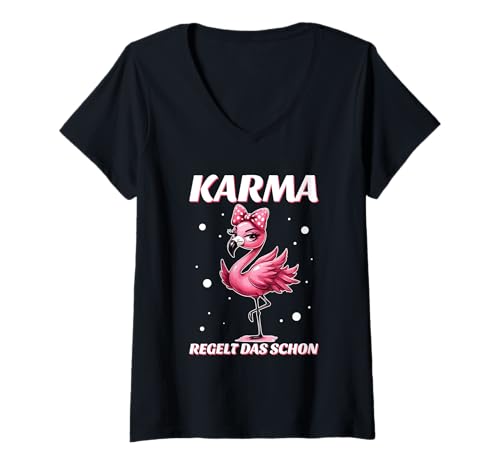 Damen Karma Regelt Das Schon Flamingo Schicksal Spruch Statement T-Shirt mit V-Ausschnitt Damen Karma Regelt Das Schon Flamingo Schicksal Spruch Statement T-Shirt mit V-Ausschnitt von Lustige Karma Sprüche Kleidung