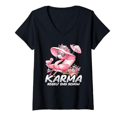 Damen Karma Regelt Das Schon Flamingo Schicksal Statement Spruch T-Shirt mit V-Ausschnitt Damen Karma Regelt Das Schon Flamingo Schicksal Statement Spruch T-Shirt mit V-Ausschnitt von Lustige Karma Sprüche Kleidung