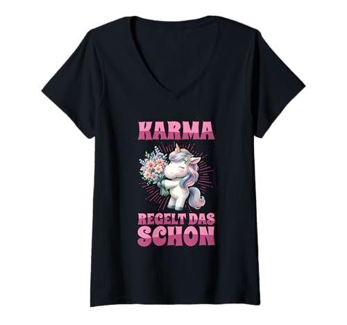 Damen Karma Regelt Das Schon Humor Einhorn Spruch Statement T-Shirt mit V-Ausschnitt Damen Karma Regelt Das Schon Humor Einhorn Spruch Statement T-Shirt mit V-Ausschnitt von Lustige Karma Sprüche Kleidung