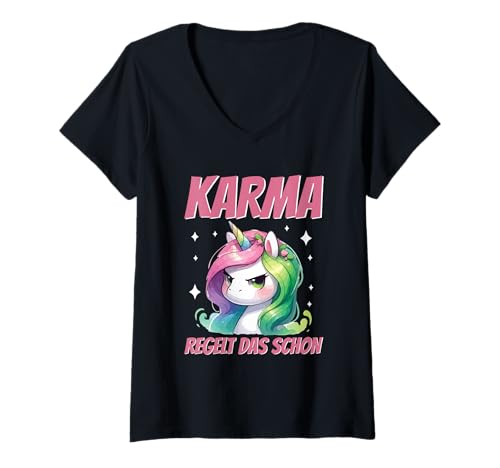 Damen Karma Regelt Das Schon Humor Einhorn Spruch T-Shirt mit V-Ausschnitt Damen Karma Regelt Das Schon Humor Einhorn Spruch T-Shirt mit V-Ausschnitt von Lustige Karma Sprüche Kleidung