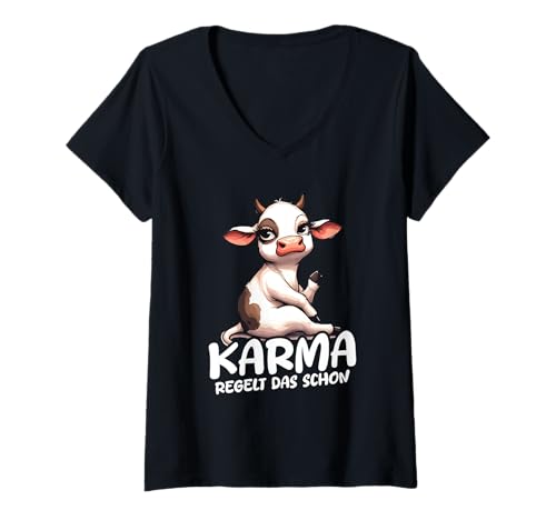Damen Karma Regelt Das Schon Kuh Schicksal Spruch Statement T-Shirt mit V-Ausschnitt Damen Karma Regelt Das Schon Kuh Schicksal Spruch Statement T-Shirt mit V-Ausschnitt von Lustige Karma Sprüche Kleidung
