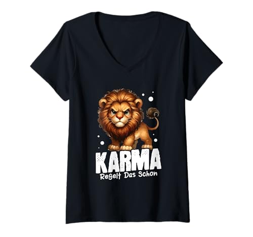 Damen Karma Regelt Das Schon Löwe Schicksal Spruch Statement T-Shirt mit V-Ausschnitt Damen Karma Regelt Das Schon Löwe Schicksal Spruch Statement T-Shirt mit V-Ausschnitt von Lustige Karma Sprüche Kleidung