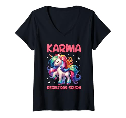 Damen Karma Regelt Das Schon Lustig Einhorn Spruch Statement T-Shirt mit V-Ausschnitt Damen Karma Regelt Das Schon Lustig Einhorn Spruch Statement T-Shirt mit V-Ausschnitt von Lustige Karma Sprüche Kleidung