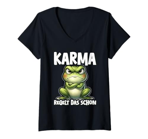 Damen Karma Regelt Das Schon Lustig Frosch Spruch Statement T-Shirt mit V-Ausschnitt Damen Karma Regelt Das Schon Lustig Frosch Spruch Statement T-Shirt mit V-Ausschnitt von Lustige Karma Sprüche Kleidung