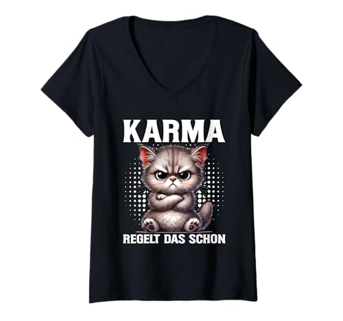 Damen Karma Regelt Das Schon Lustig Katze Spruch Statement T-Shirt mit V-Ausschnitt Damen Karma Regelt Das Schon Lustig Katze Spruch Statement T-Shirt mit V-Ausschnitt von Lustige Karma Sprüche Kleidung