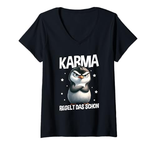 Damen Karma Regelt Das Schon Lustig Pinguin Spruch Statement T-Shirt mit V-Ausschnitt Damen Karma Regelt Das Schon Lustig Pinguin Spruch Statement T-Shirt mit V-Ausschnitt von Lustige Karma Sprüche Kleidung