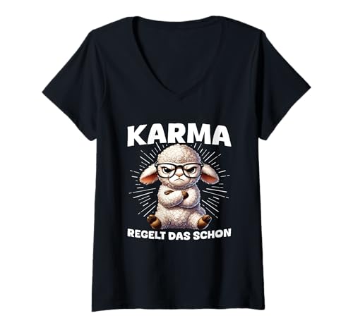 Damen Karma Regelt Das Schon Lustig Schaf Spruch Statement T-Shirt mit V-Ausschnitt Damen Karma Regelt Das Schon Lustig Schaf Spruch Statement T-Shirt mit V-Ausschnitt von Lustige Karma Sprüche Kleidung