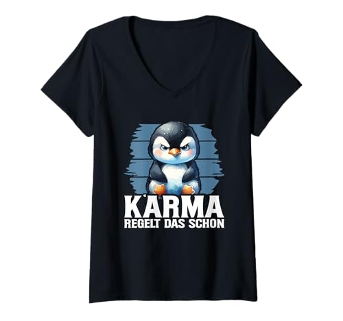 Damen Karma Regelt Das Schon Pinguin Schicksal Spruch Statement T-Shirt mit V-Ausschnitt Damen Karma Regelt Das Schon Pinguin Schicksal Spruch Statement T-Shirt mit V-Ausschnitt von Lustige Karma Sprüche Kleidung