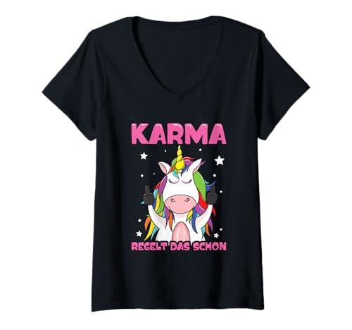 Damen Karma Regelt Das Schon Schicksal Einhorn Spruch Statement T-Shirt mit V-Ausschnitt Damen Karma Regelt Das Schon Schicksal Einhorn Spruch Statement T-Shirt mit V-Ausschnitt von Lustige Karma Sprüche Kleidung