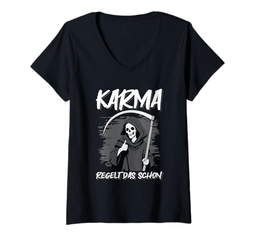Damen Karma Regelt Das Schon Schicksal Spruch Statement T-Shirt mit V-Ausschnitt Damen Karma Regelt Das Schon Schicksal Spruch Statement T-Shirt mit V-Ausschnitt von Lustige Karma Sprüche Kleidung