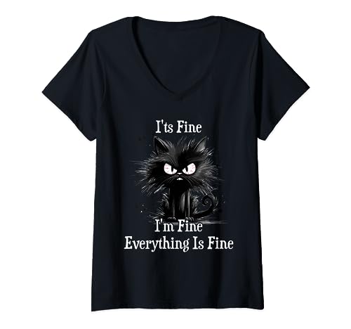 Damen It's Fine I'm Fine Everything Is Fine Witzige Schwarze Katze T-Shirt mit V-Ausschnitt Damen It's Fine I'm Fine Everything Is Fine Witzige Schwarze Katze T-Shirt mit V-Ausschnitt von Lustige Katze Für Frau Mann Mädchen