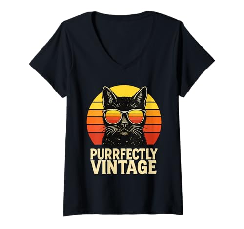 Damen Purrfectly Vintage Katze Mit Brille T-Shirt mit V-Ausschnitt von Lustige Katze Liebhaber Retro Für Männer Frauen