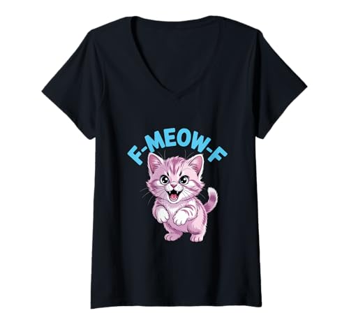 Damen Süße Katze Pinkes Kätzchen Spruch F Meow F Lustig T-Shirt mit V-Ausschnitt Damen Süße Katze Pinkes Kätzchen Spruch F Meow F Lustig T-Shirt mit V-Ausschnitt von Lustige Katze Pink Kätzchen Humor Miau Comic