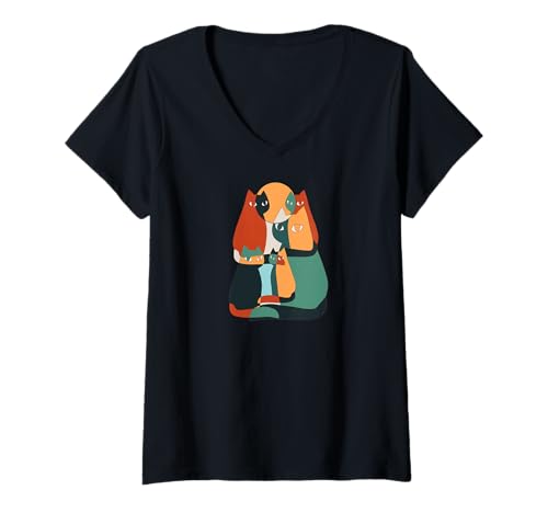 Damen Farbige Katzen T-Shirt mit V-Ausschnitt Damen Farbige Katzen T-Shirt mit V-Ausschnitt von Lustige Katzen Besitzer Motive