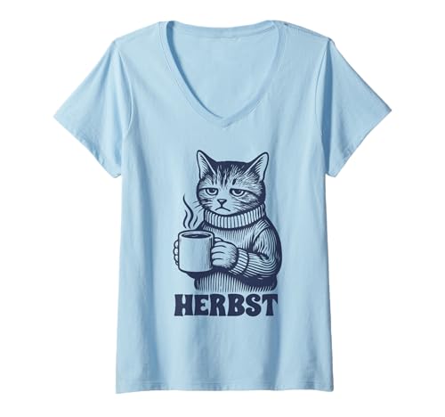 Damen Miesgelaunte Katze mit Kaffee Anti Herbst T-Shirt mit V-Ausschnitt Damen Miesgelaunte Katze mit Kaffee Anti Herbst T-Shirt mit V-Ausschnitt von Lustige Katzen Designs für Herbst Muffel