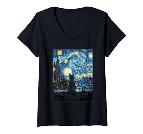 Damen Starry Night Cat, Van Gogh Cat, Sternennacht Katze Lustige T-Shirt mit V-Ausschnitt Damen Starry Night Cat, Van Gogh Cat, Sternennacht Katze Lustige T-Shirt mit V-Ausschnitt von Lustige Katzen Geschenke für Katzenliebhaber