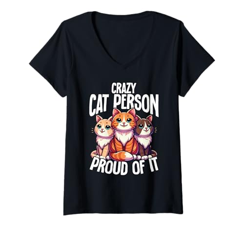 Damen Verrückte Katzenperson Und Stolz Darauf, Witziger T-Shirt mit V-Ausschnitt von Lustige Katzen Sprüche Katzenliebhaber Humor