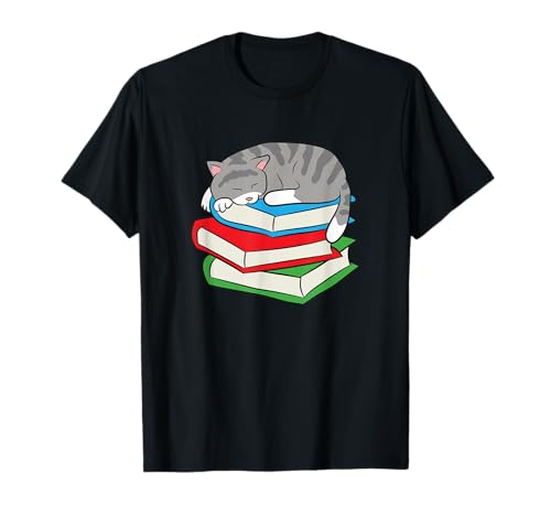 Schlafende Katze auf Büchern Kinder Schule Katze T-Shirt von Lustige Katzen und Bücher Lese Geschenke
