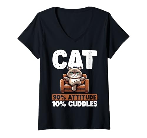Damen Katze 90 Haltung 10 Kuscheln Lustige mürrische Katze T-Shirt mit V-Ausschnitt Damen Katze 90 Haltung 10 Kuscheln Lustige mürrische Katze T-Shirt mit V-Ausschnitt von Lustige Katzensprüche Katzenliebhaber-Humor