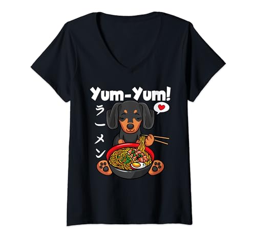 Damen Lustige japanische Anime Dackel Ramen Nudeln Manga Kawaii T-Shirt mit V-Ausschnitt Damen Lustige japanische Anime Dackel Ramen Nudeln Manga Kawaii T-Shirt mit V-Ausschnitt von Lustige Kawaii Manga Kleidung Damen Herren Kinder
