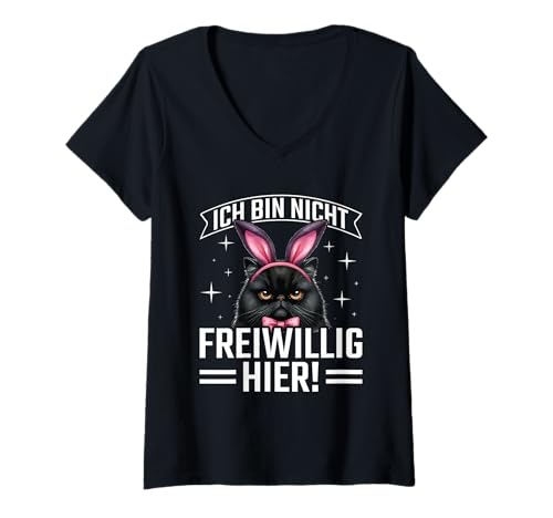 Damen Ich Bin Nicht Freiwillig Hier Kein Bock Katze Humor Spruch T-Shirt mit V-Ausschnitt Damen Ich Bin Nicht Freiwillig Hier Kein Bock Katze Humor Spruch T-Shirt mit V-Ausschnitt von Lustige Kein Bock Sprüche Kleidung