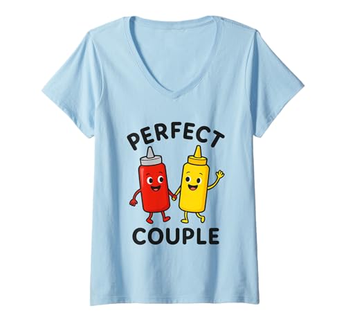 Damen Perfekte Paar Ketchup Senf Cartoon Liebe T-Shirt mit V-Ausschnitt Damen Perfekte Paar Ketchup Senf Cartoon Liebe T-Shirt mit V-Ausschnitt von Lustige Ketchup Senf Beziehung Humor Designs
